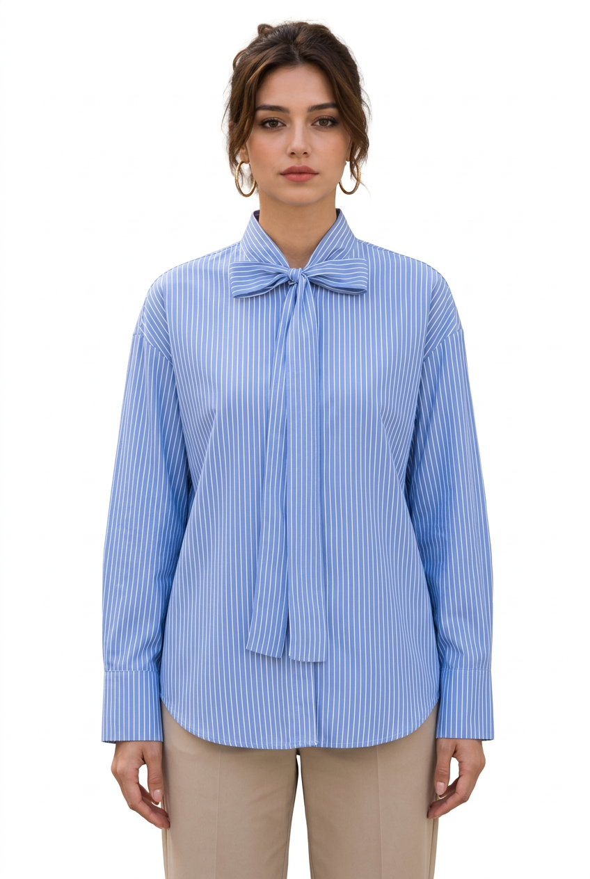 Chemise femme à fines rayures et col lavallière
