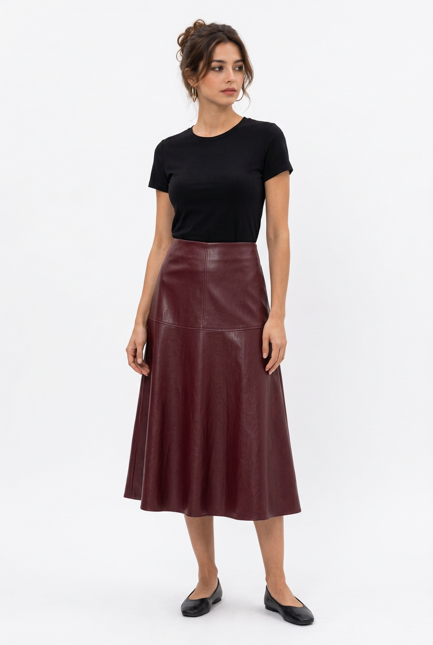 Jupe Midi Similicuir Évasée Taille Haute – Femme