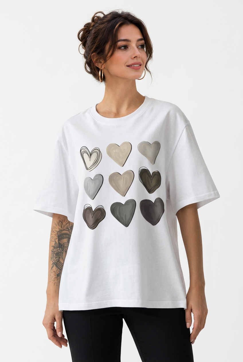 T-shirt femme blanc imprimé cœurs – Coupe ample