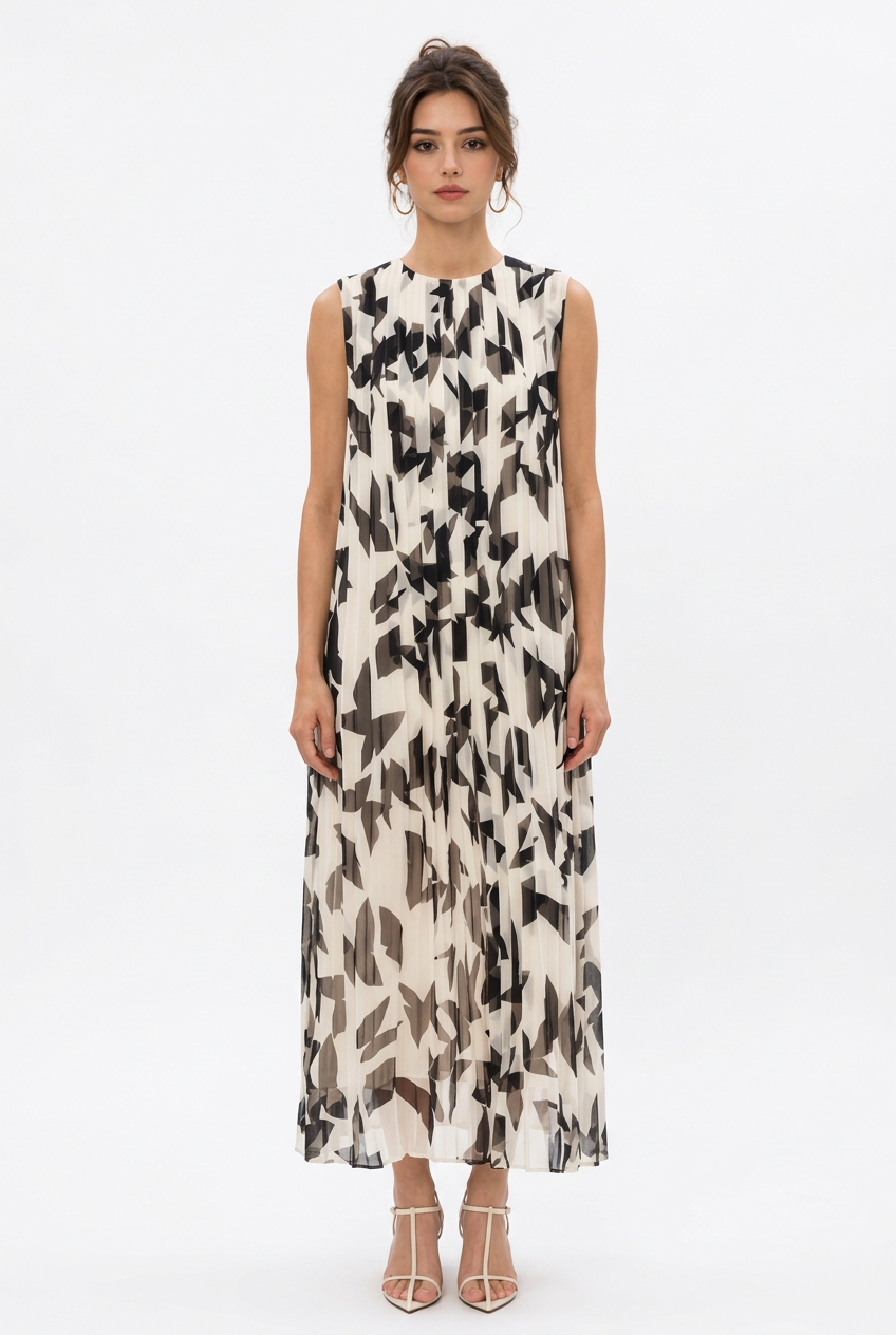 Robe longue plissée haut de gamme sans manches à imprimé graphique noir et écru