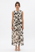Robe longue plissée haut de gamme sans manches à imprimé graphique noir et écru