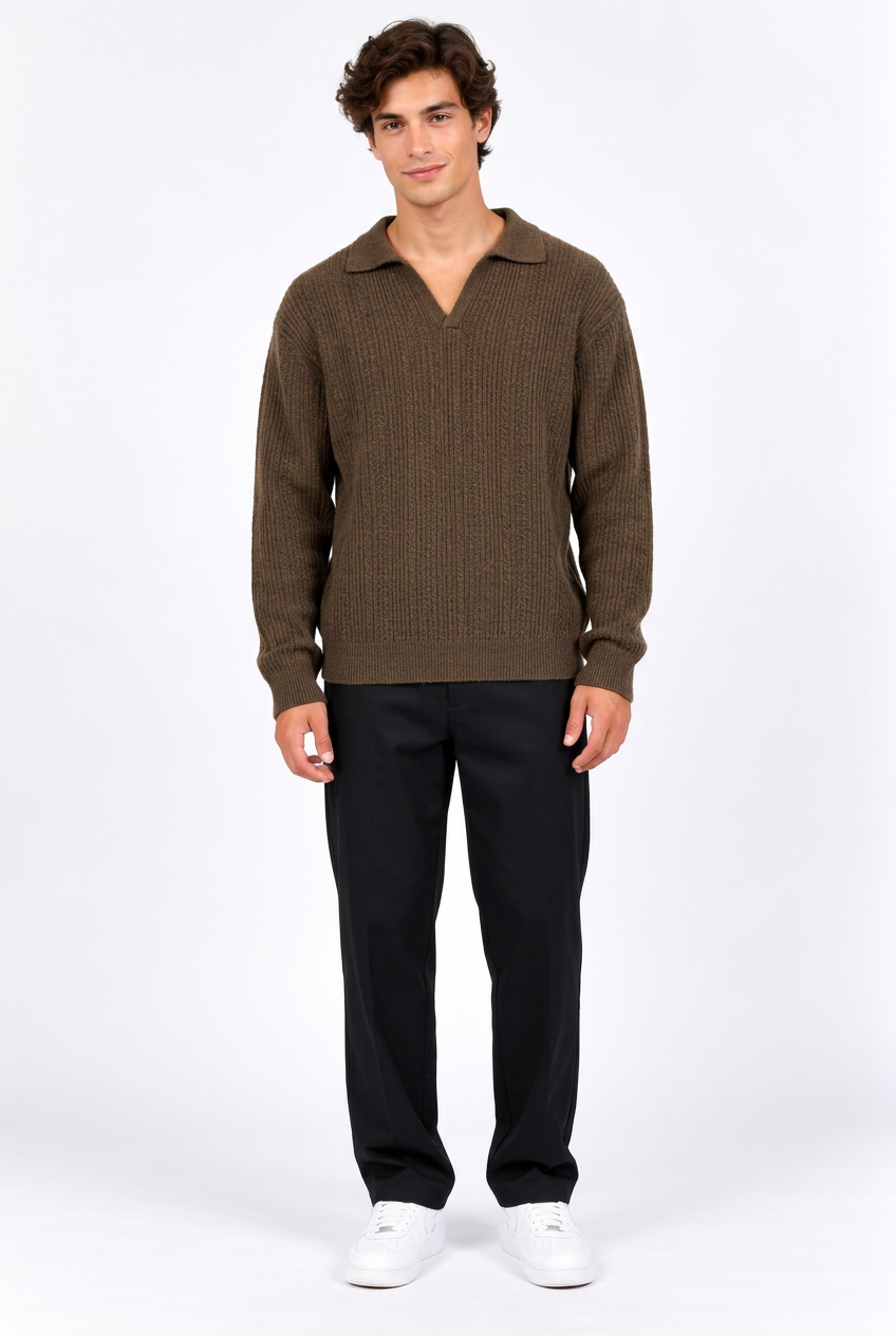 Pull homme en maille texturée à col polo et manches longues