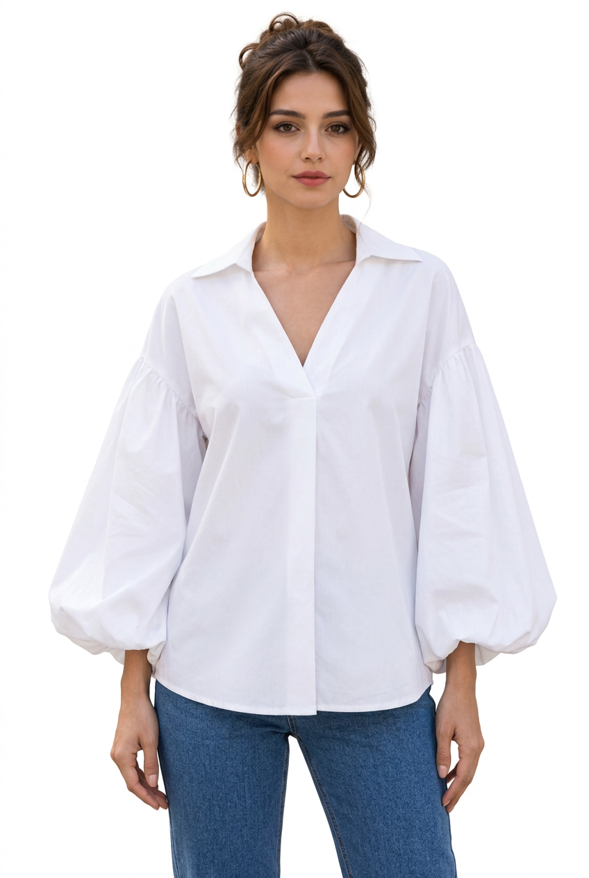 Blouse femme ample à col ouvert et manches bouffantes