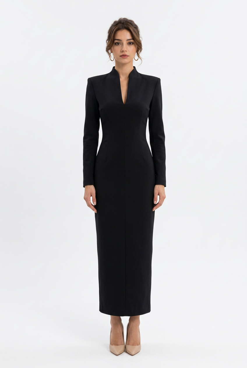 Robe longue à col montant, décolleté en V et manches longues