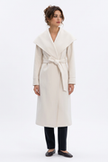 Manteau long femme ceinturé à grand col, effet laine