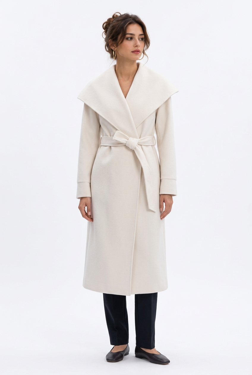 Manteau long femme ceinturé à grand col, effet laine