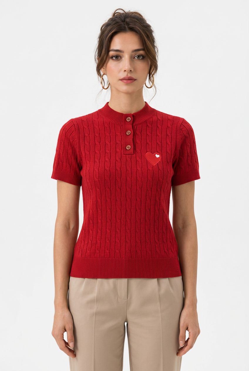 Top femme en maille à manches courtes et motif cœur