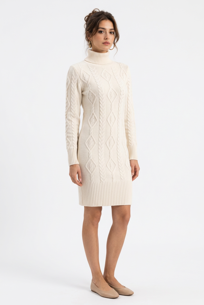 Robe pull blanche en maille torsadée à col montant