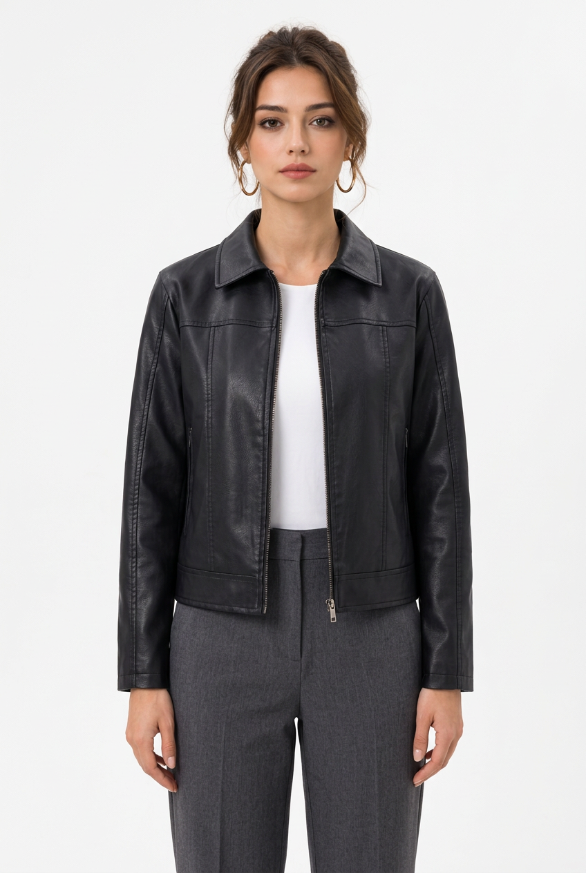 Veste femme zippée en simili cuir à col rabattu