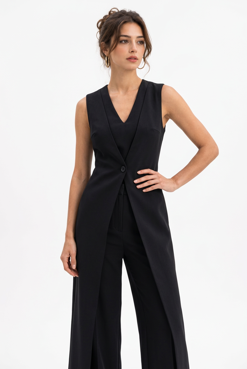 Combinaison noire femme à col V et effet gilet boutonné