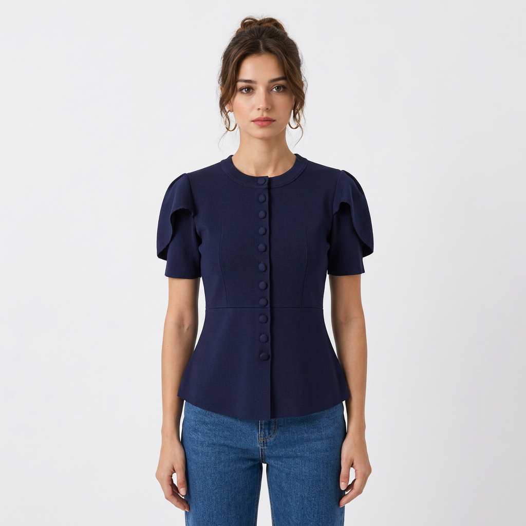 Veste Manches Courtes Bouffantes Col Rond – Coupe Évasée