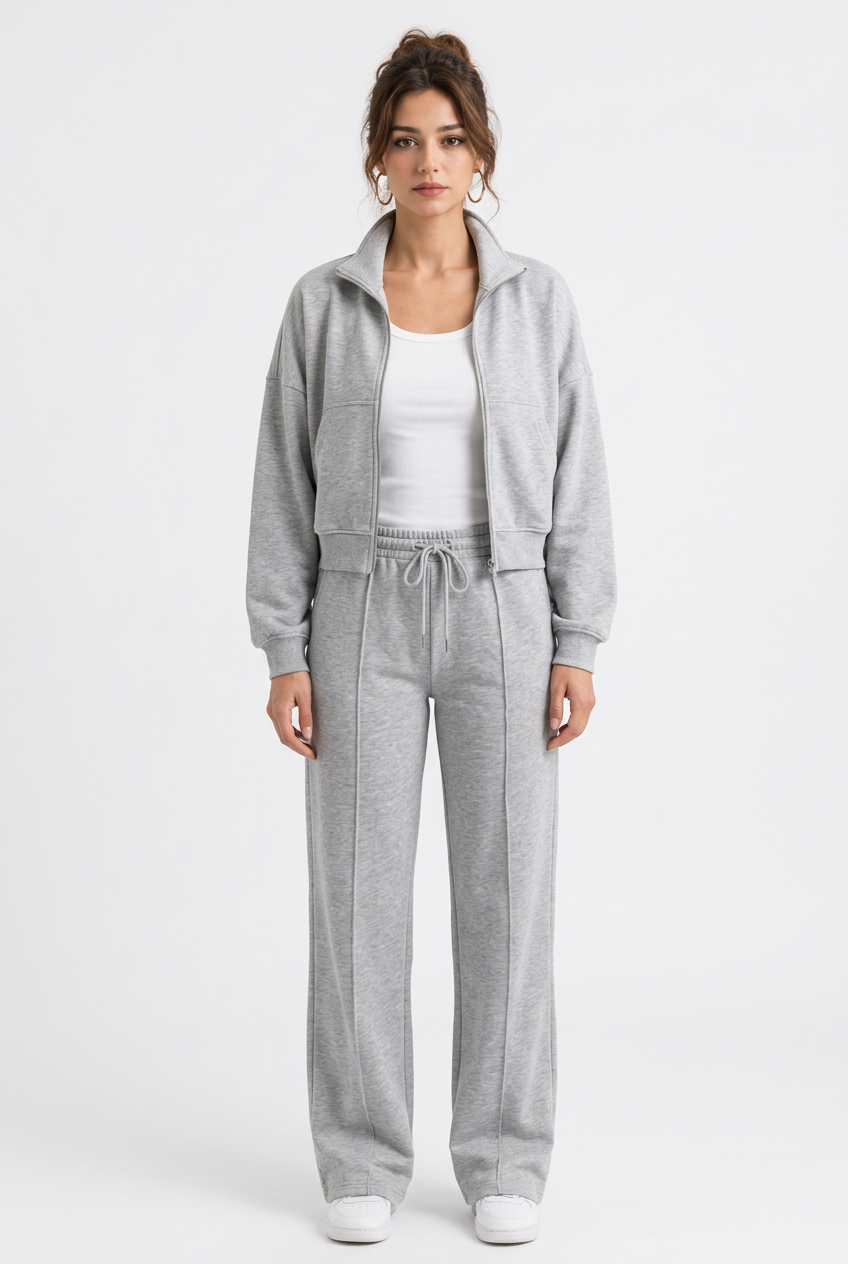 2-teiliges Damen-Set – Offene Sweatjacke mit langen Ärmeln & lange Hose, lässiger Stil