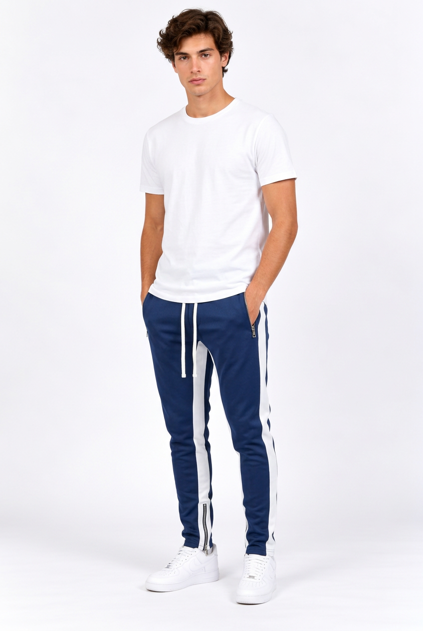 Jogging homme ajusté à bandes contrastantes et zips aux chevilles