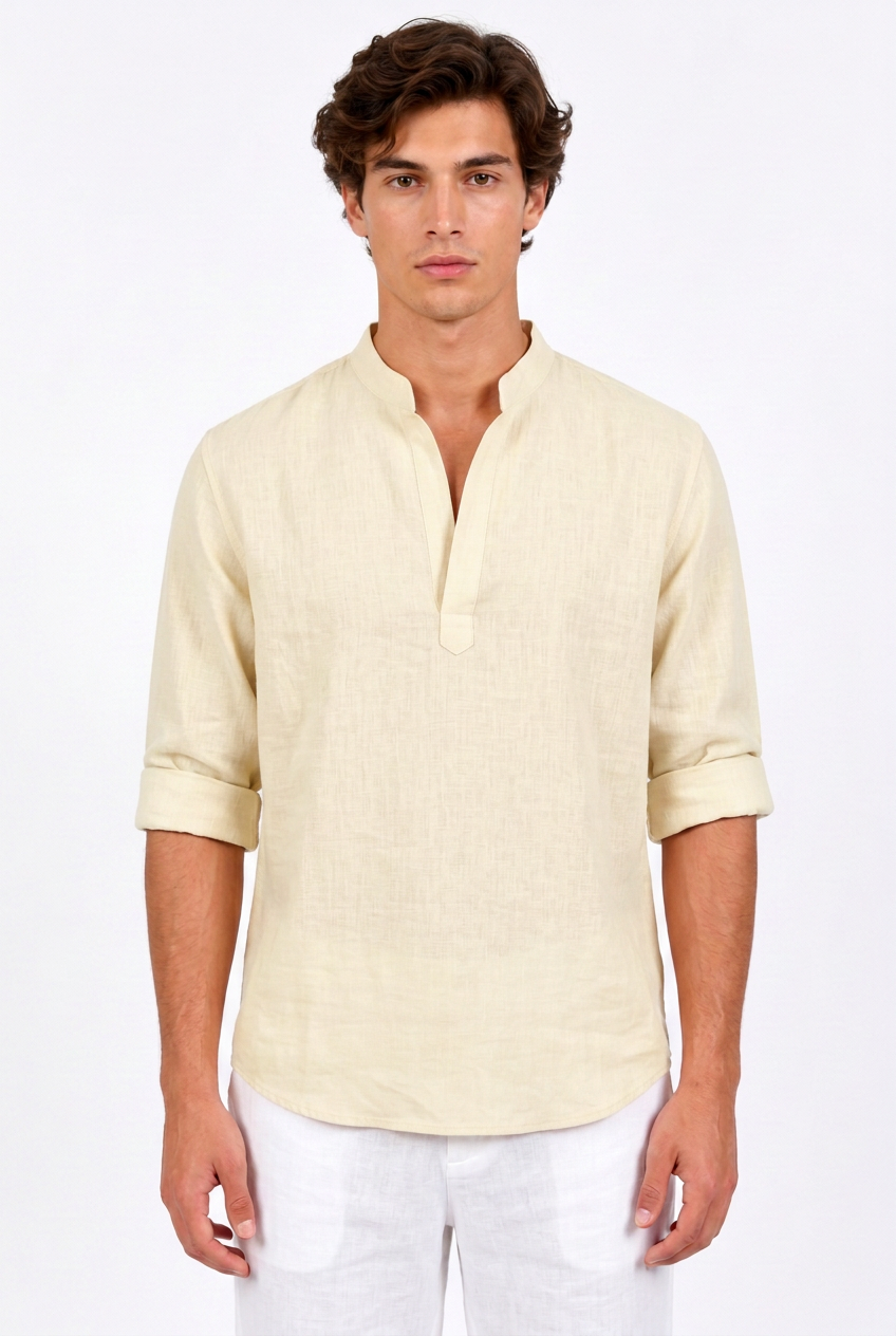 Chemise homme lin manches longues col droit – Coupe ample couleur unie casual