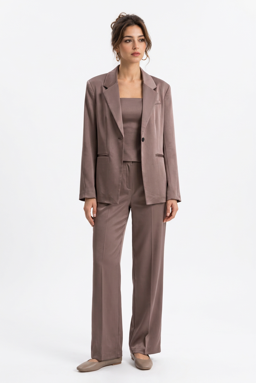 Ensemble tailleur femme 3 pièces taupe – Blazer, bustier et pantalon large