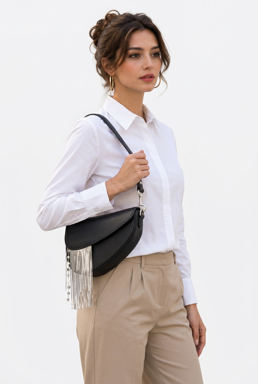 Stéphanie portant à l’épaule le petit sac noir asymétrique en cuir à franges argentées