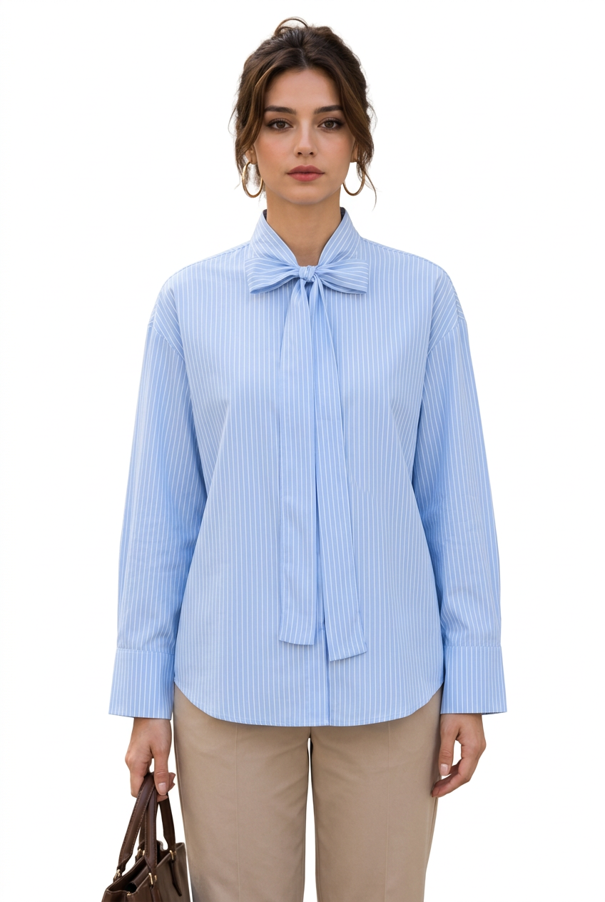 Chemise femme à fines rayures et col lavallière