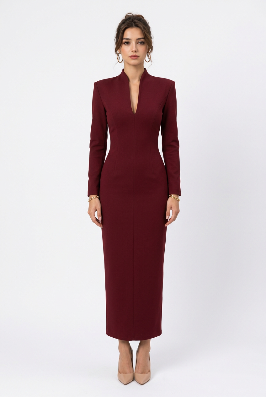 Robe longue à col montant, décolleté en V et manches longues