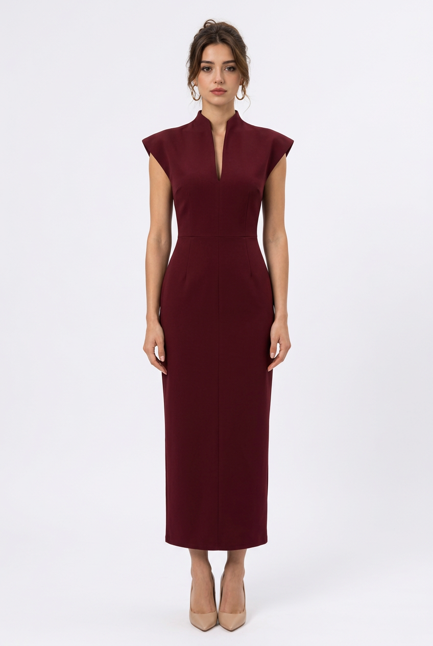 Robe longue moulante sans manches à col montant et décolleté en V