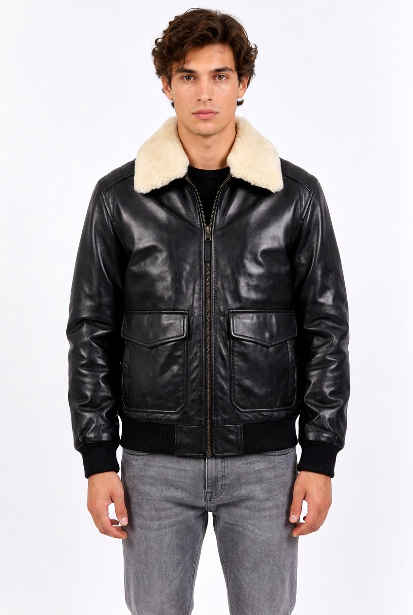 Blouson aviateur homme en cuir de mouton à col amovible