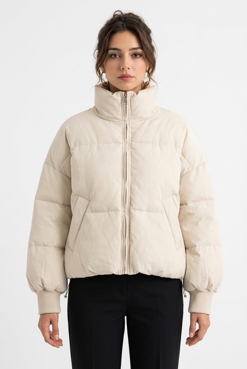Doudoune courte femme à col montant et fermeture zippée