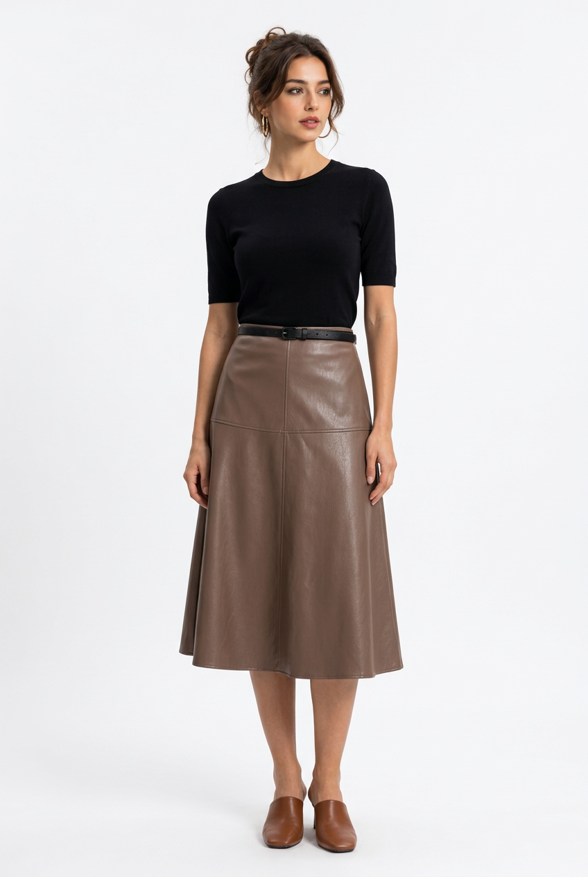 Jupe Midi Similicuir Évasée Taille Haute – Femme