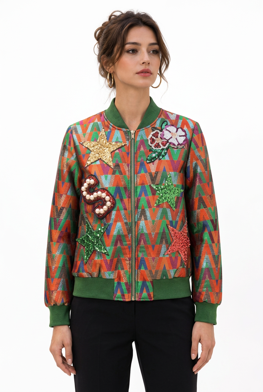 Bomber femme multicolore en jacquard à écussons fantaisie