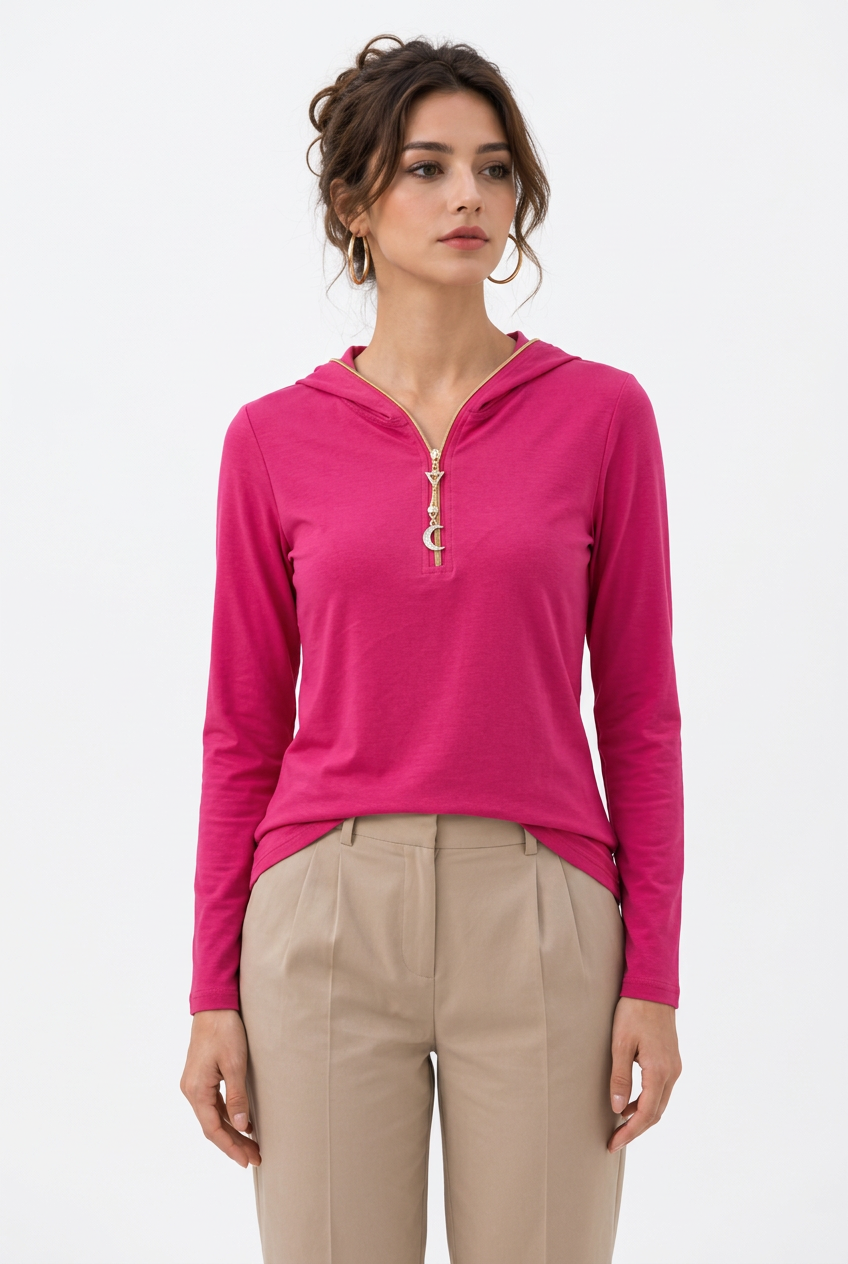Haut femme à capuche et demi-zip doré