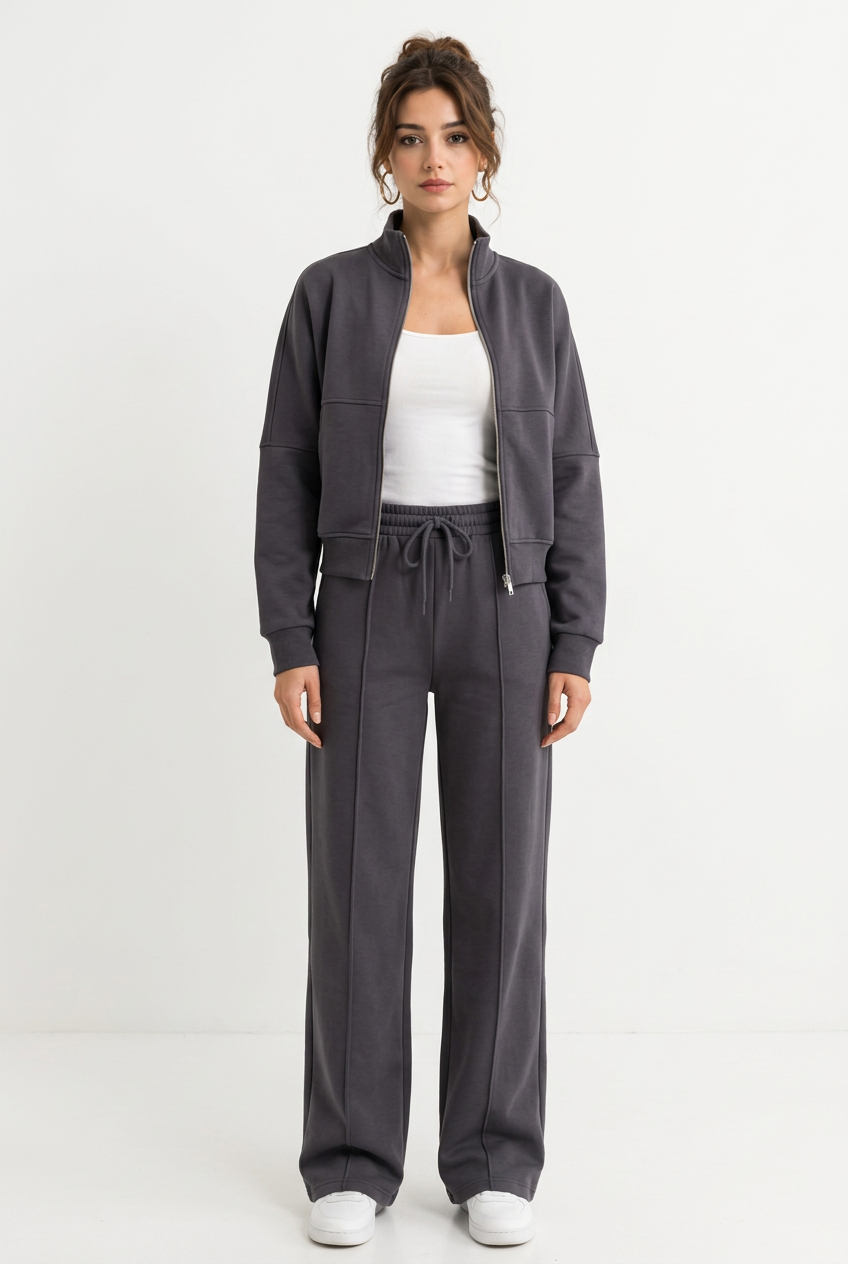 2-teiliges Damen-Set – Offene Sweatjacke mit langen Ärmeln & lange Hose, lässiger Stil