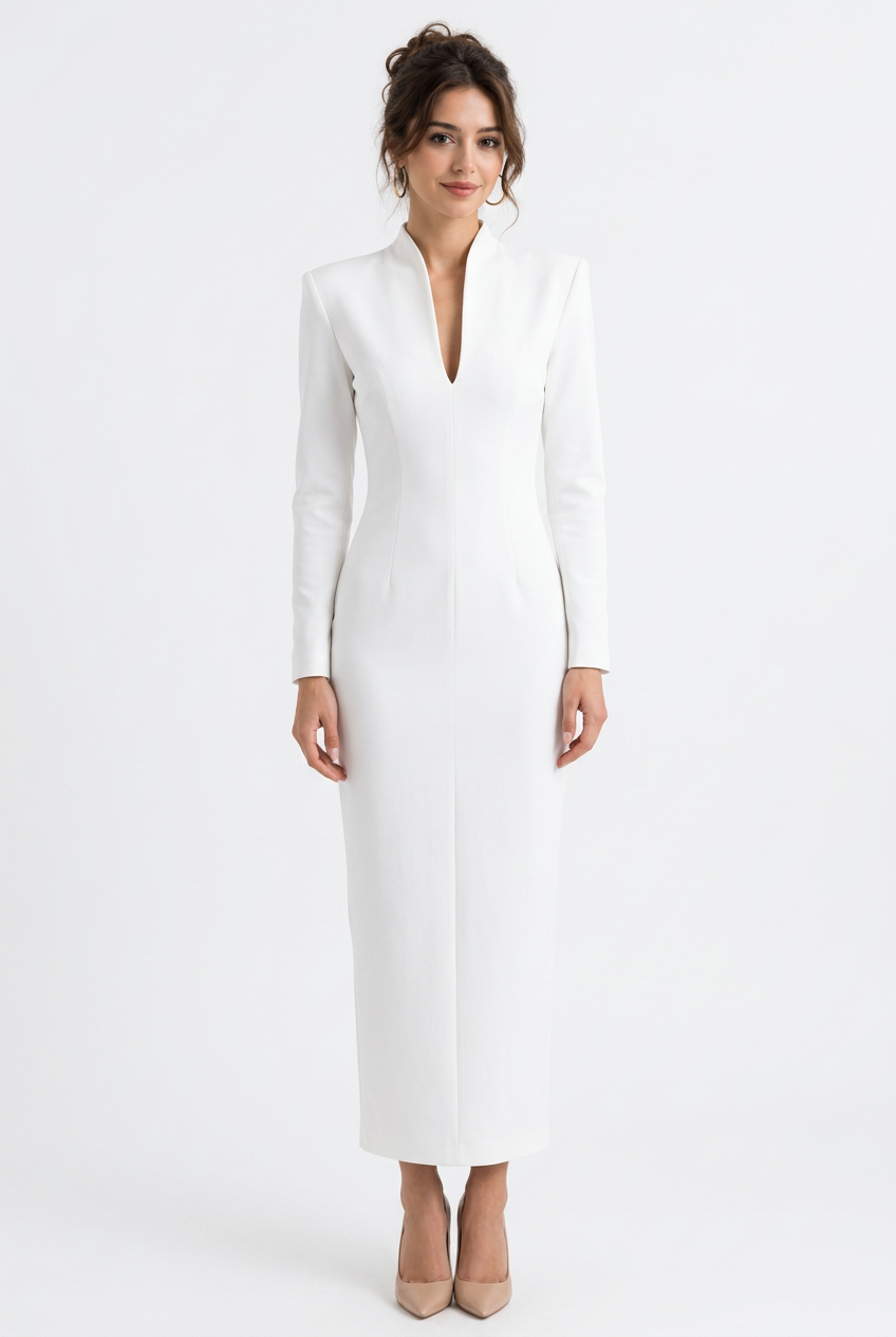 Robe longue à col montant, décolleté en V et manches longues