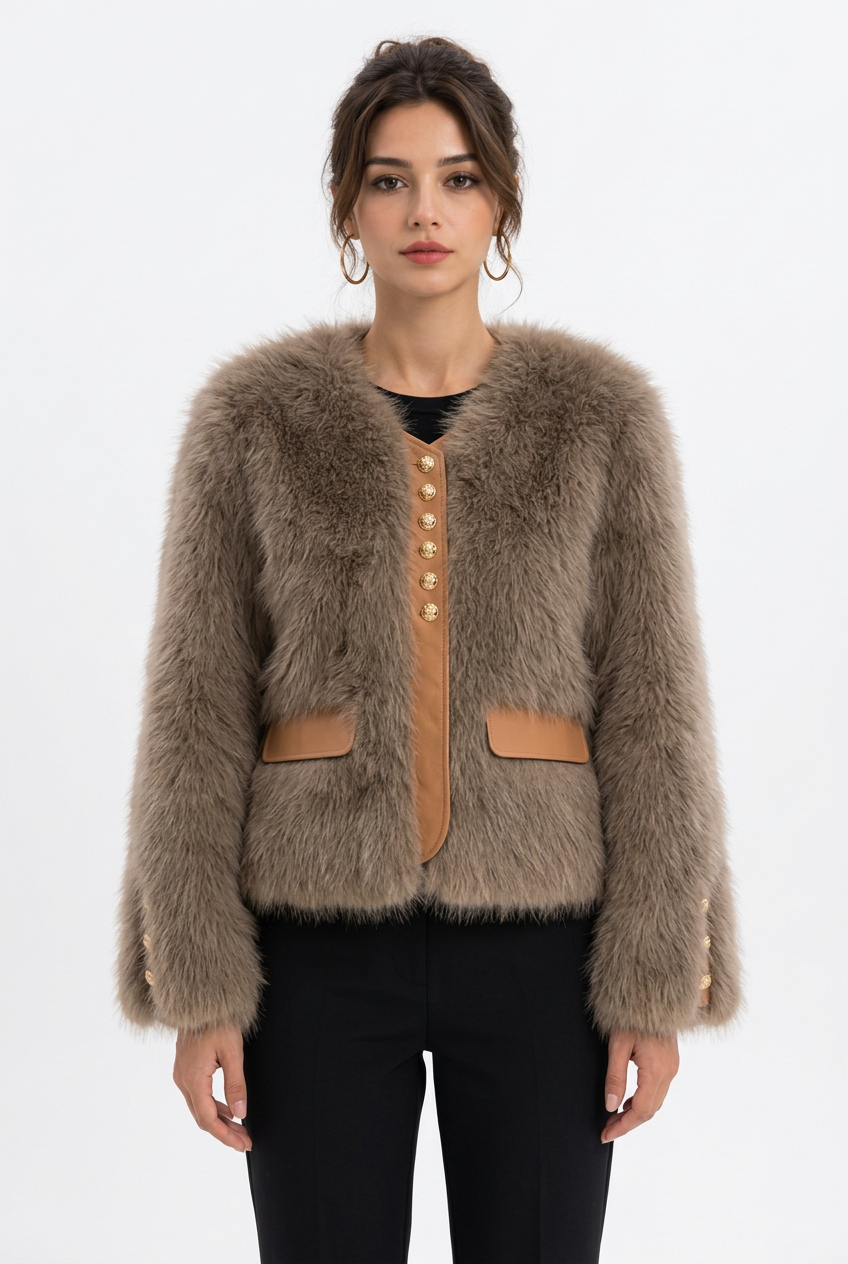 Veste courte femme aspect fourrure à boutons dorés