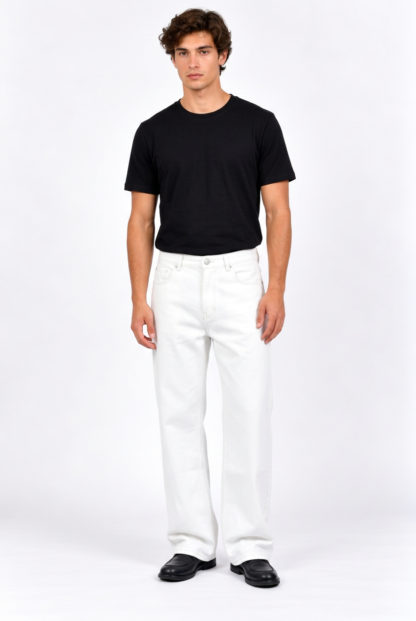 Jean homme ample évasé taille mi-haute, noir ou blanc