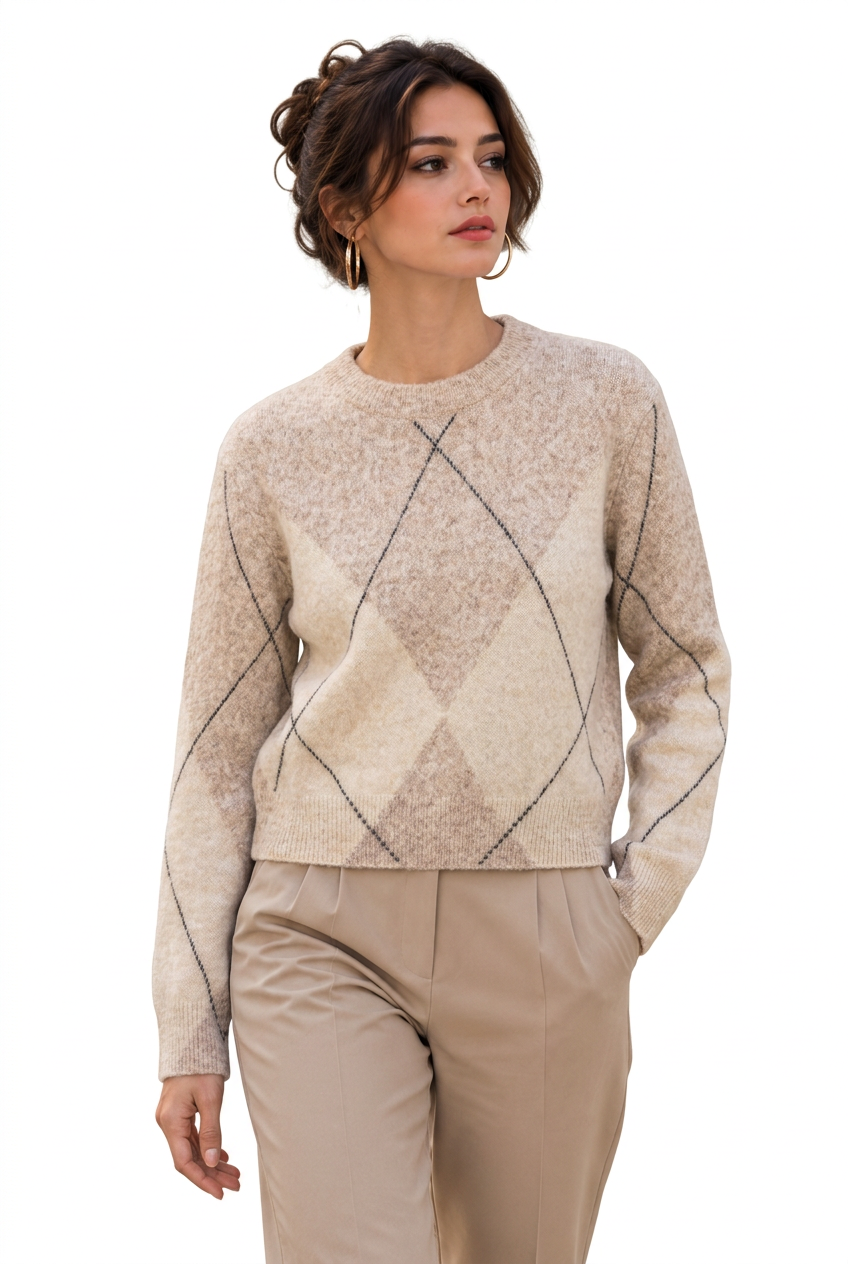 Pull Femme en Maille à Motif Losanges – Col Rond