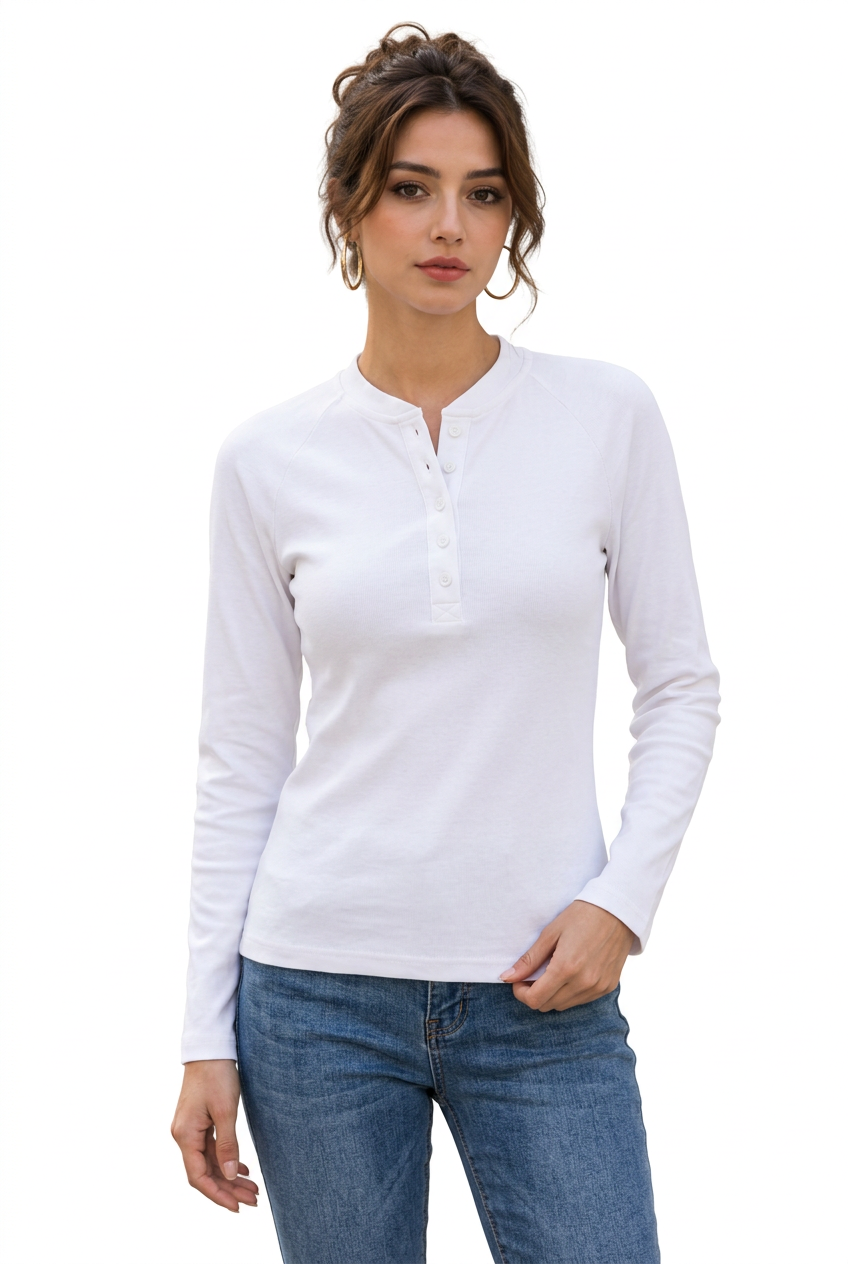 T-shirt femme à manches longues et col tunisien boutonné