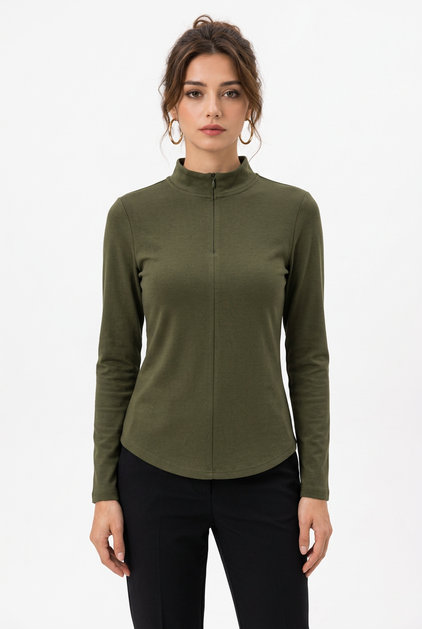Top Demi-Zip Col Montant Manches Longues – Coupe Ajustée