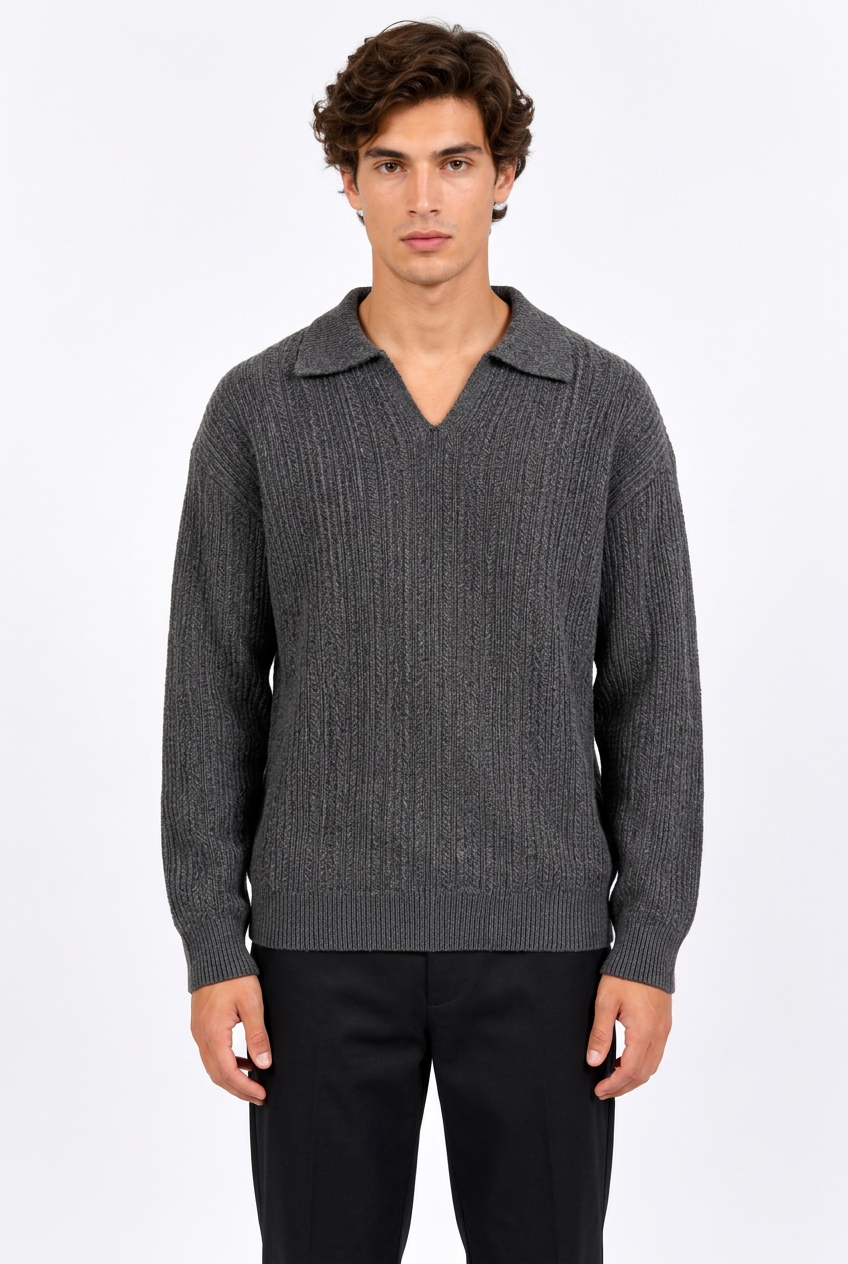 Pull homme en maille texturée à col polo et manches longues
