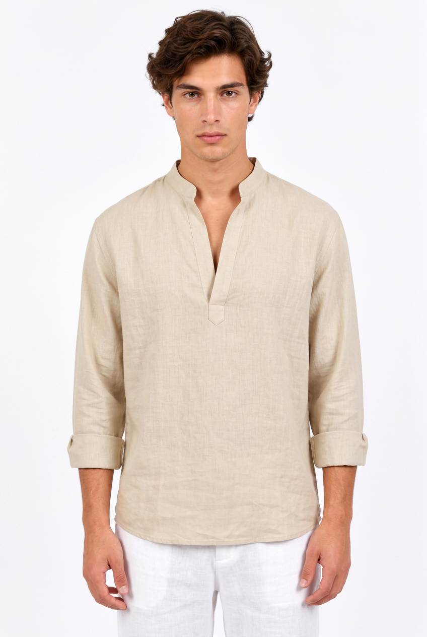 Chemise homme lin manches longues col droit – Coupe ample couleur unie casual