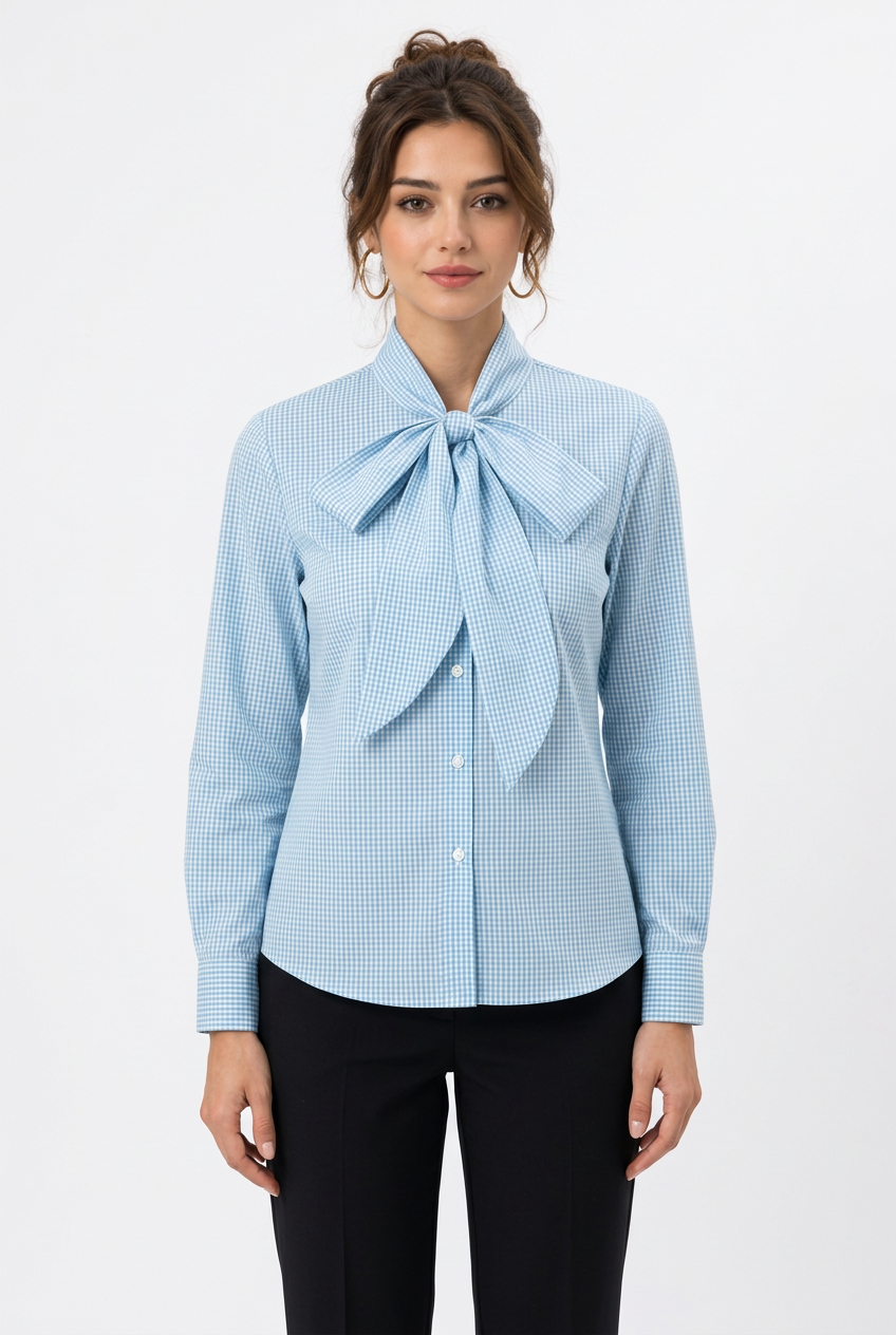 Chemise à Carreaux Vichy Col Lavallière – Manches Longues