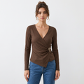 Top Marron Manches Longues Col V Croisé – Boucle Dorée