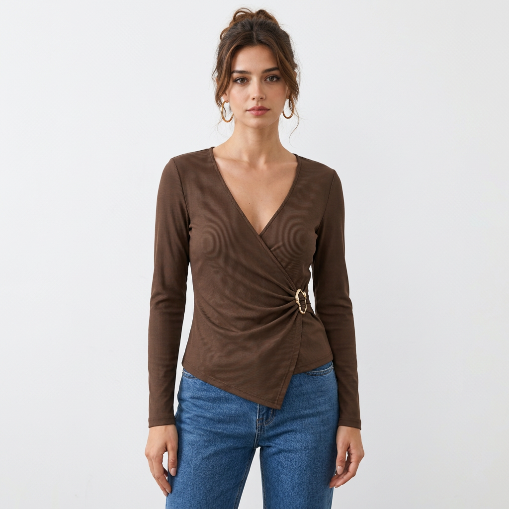 Top Marron Manches Longues Col V Croisé – Boucle Dorée