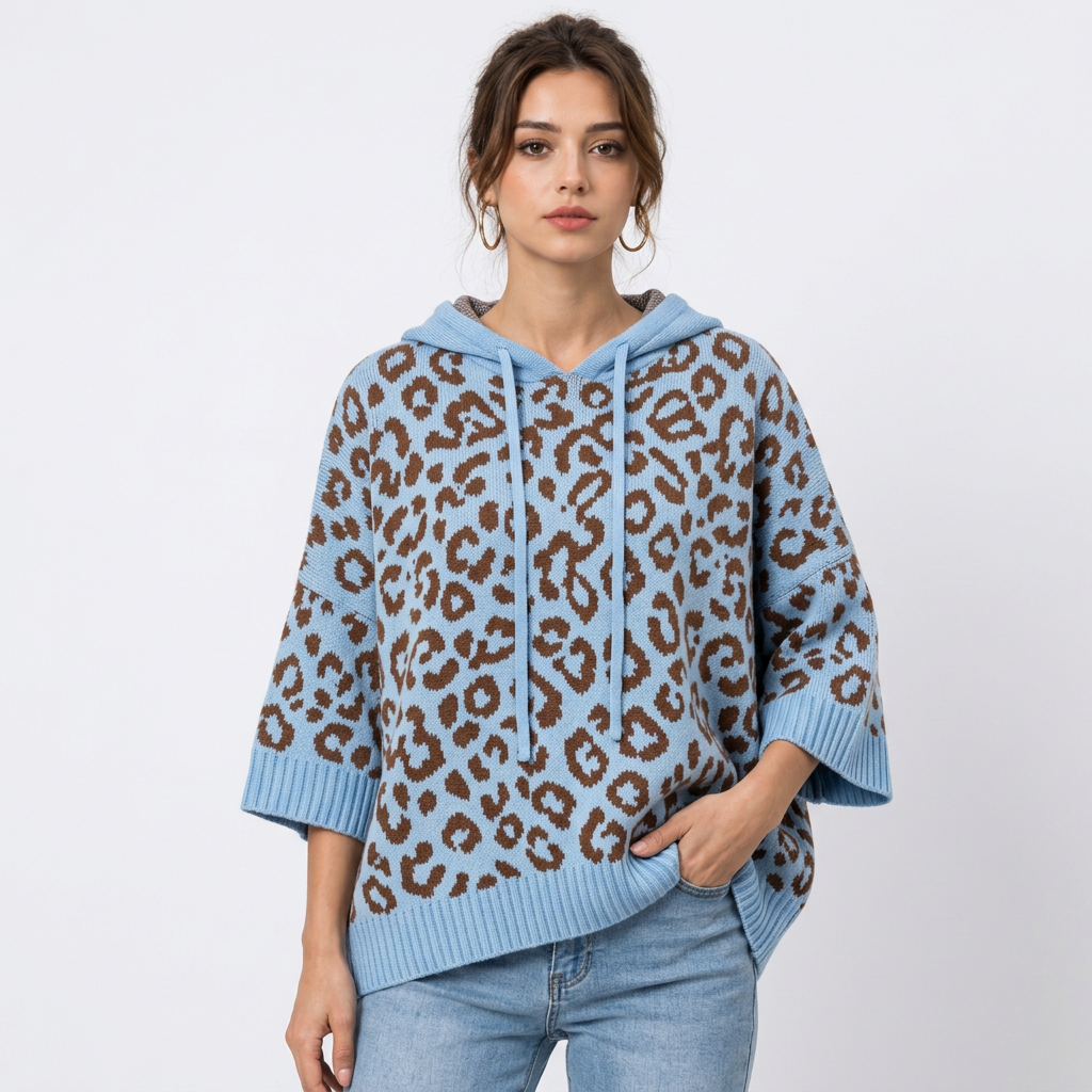 Sweat à capuche femme en maille – Imprimé léopard color block, cordon de serrage