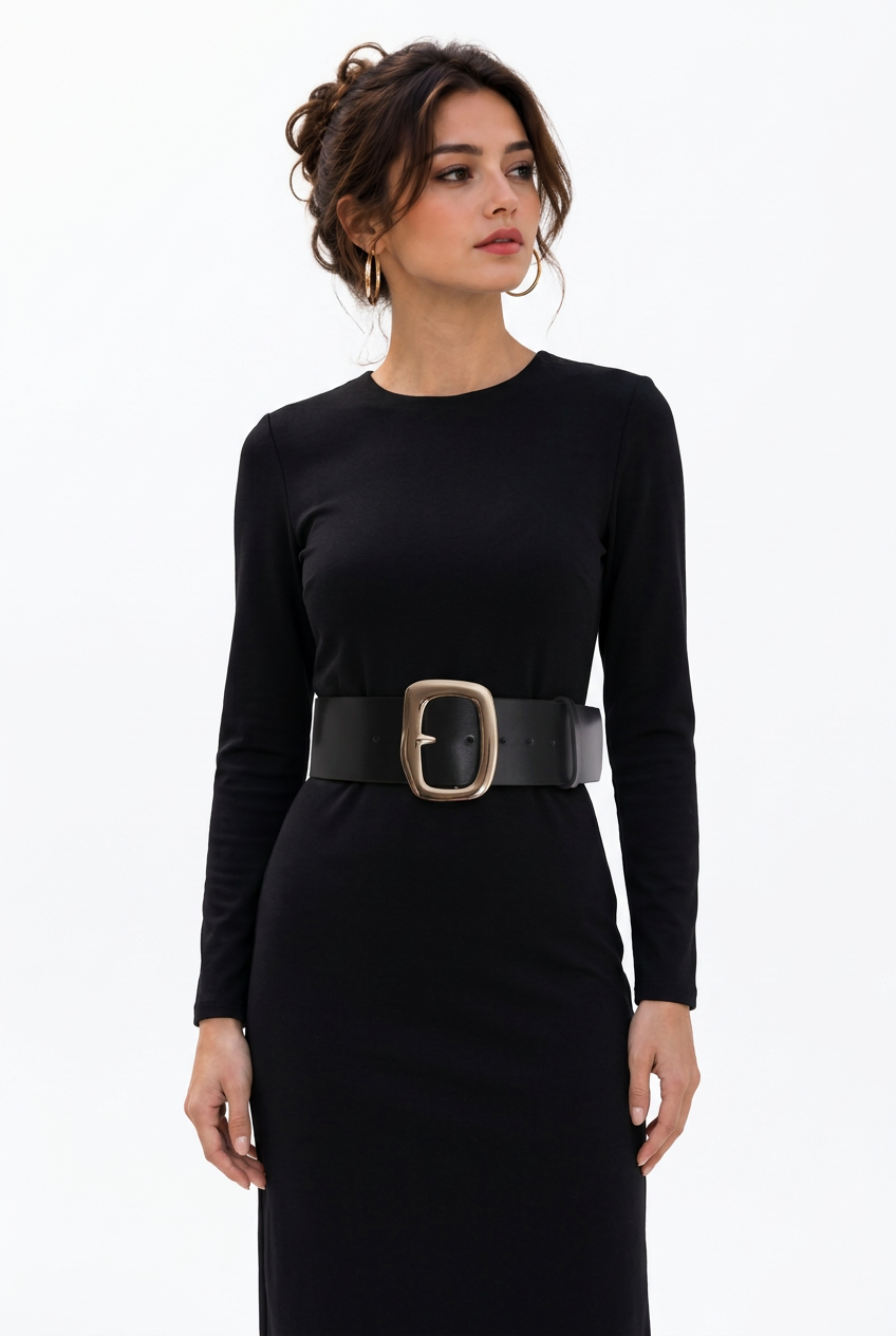 Ceinture large noire femme en croûte de cuir – Boucle dorée