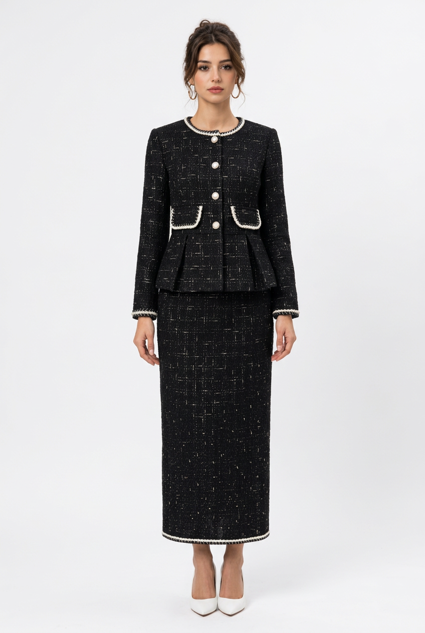 Ensemble tailleur femme noir : veste boutonnée et jupe longue