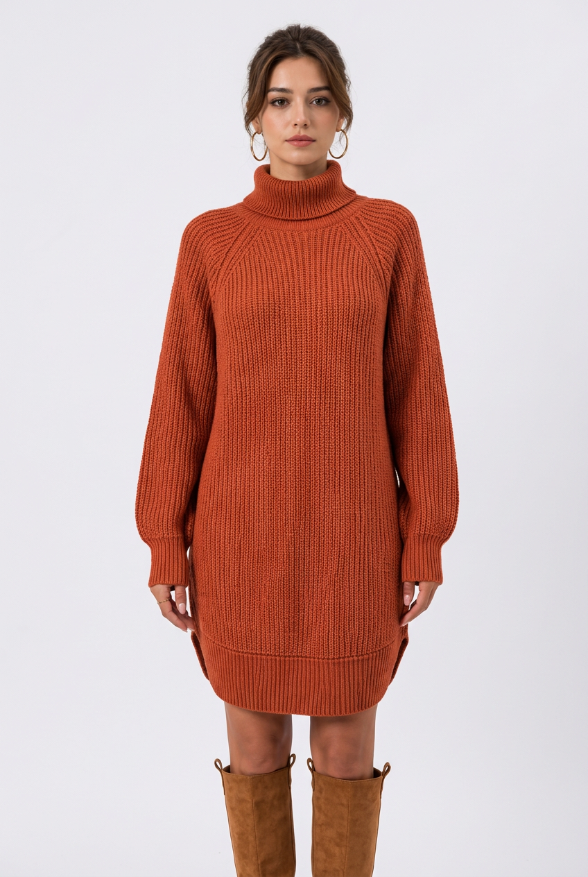 Robe pull femme col montant en maille acrylique – Coupe ample, manches longues