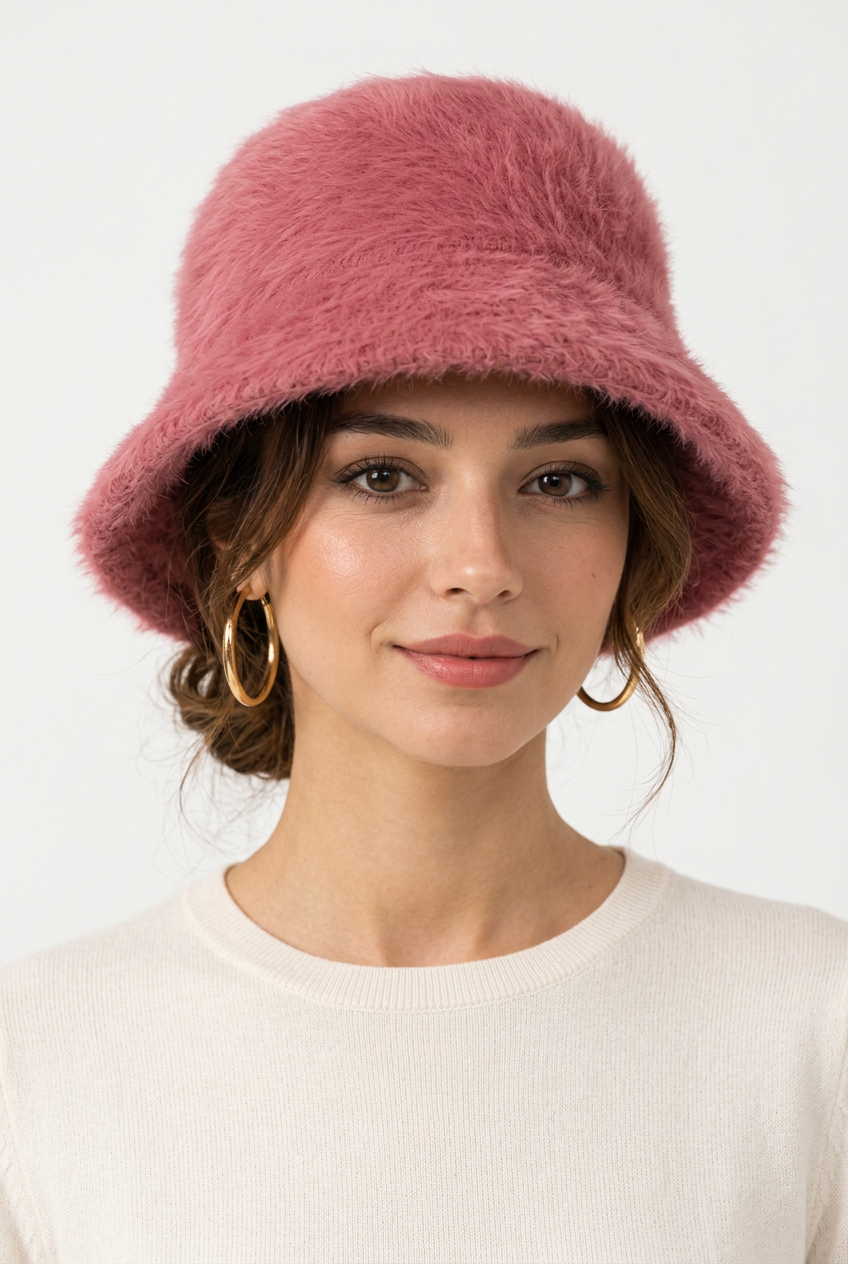 Damen-Fischerhut aus Kaninchenfell – Retro-Strick-Bucket-Hat für den Winter