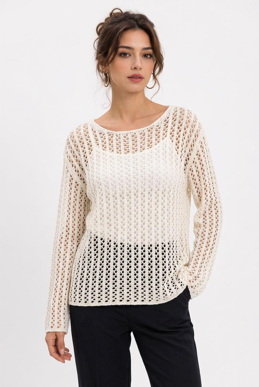 Top Maille Ajourée Manches Longues – Coupe Ample