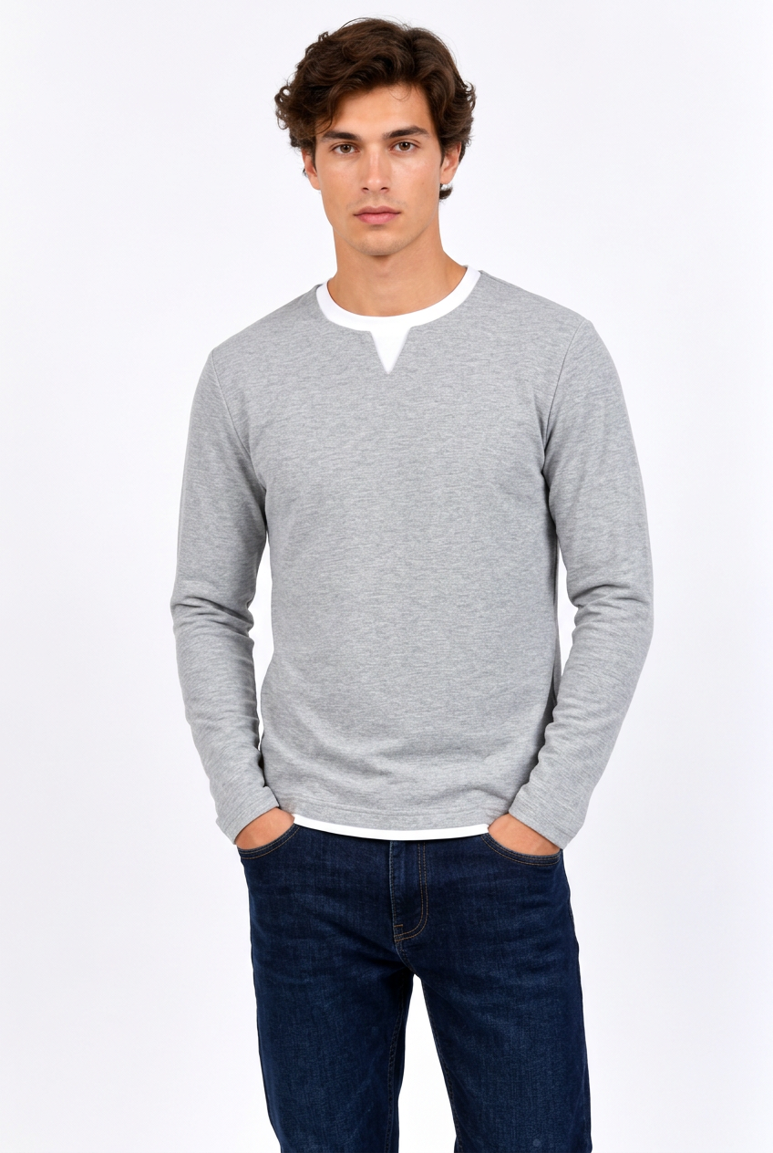 T-Shirt Homme Manches Longues Effet Deux-Pièces – Col Rond