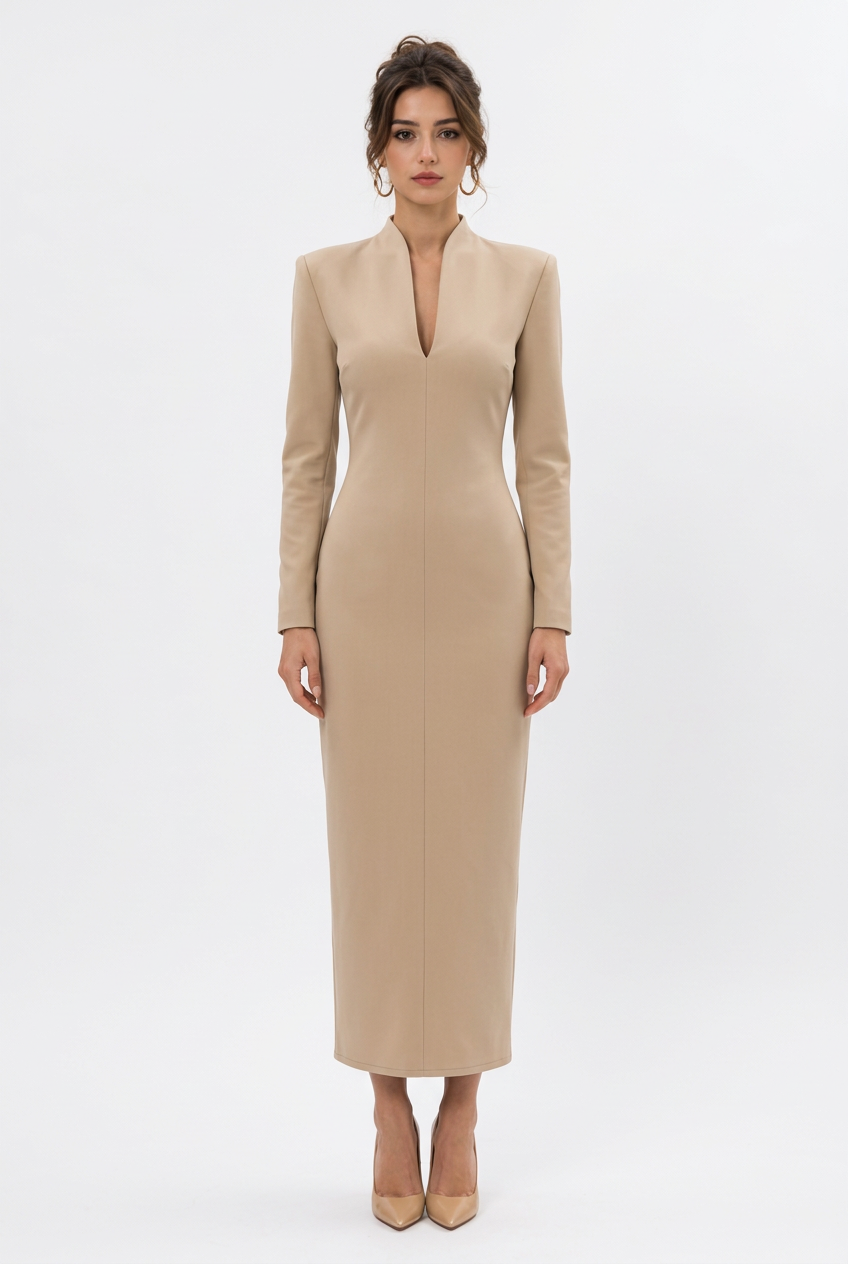 Robe longue à col montant, décolleté en V et manches longues