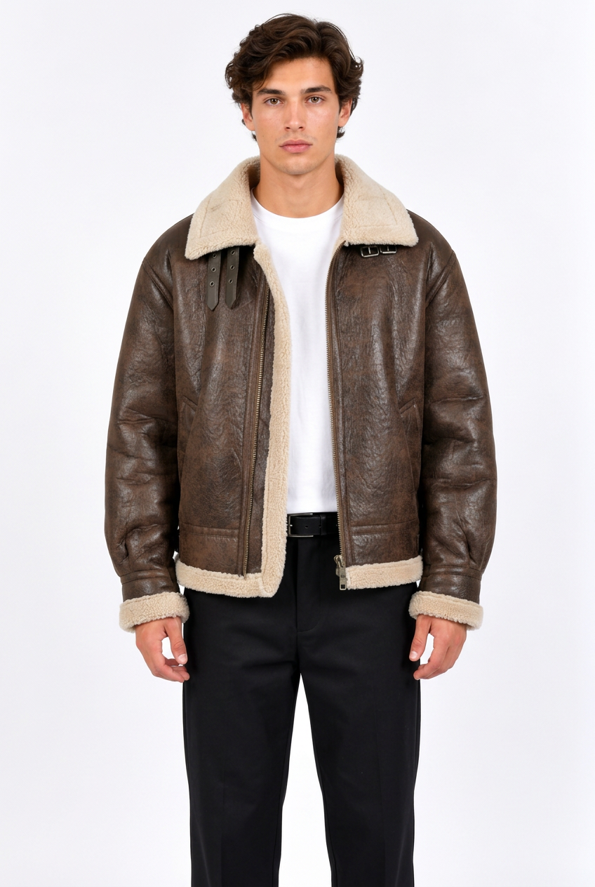 Blouson aviateur homme marron aspect cuir à col effet mouton