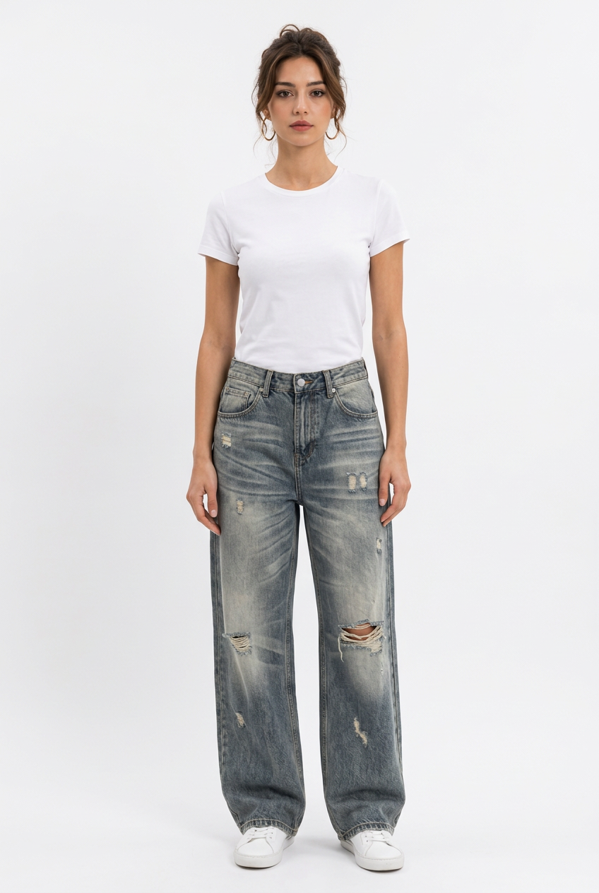 Jean large vintage déchiré femme – Taille haute, Coupe droite & décontractée